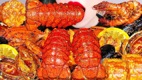 清蒸海鲜吃秀 龙虾、虾、蟹、贻贝、鲍鱼吃播