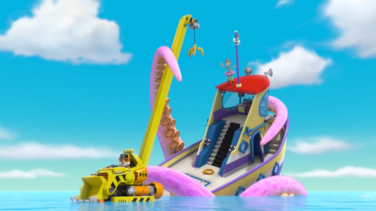 比目鱼号被大章鱼弄沉了,汪汪队小砾用吊爪救援阿宝船长,毛毛海底充气