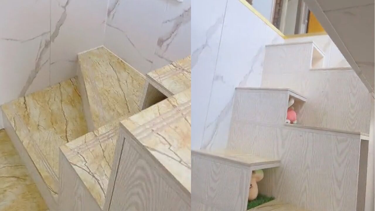 女子晒父亲做的高低错位楼梯,因空间小得手脚并用:像爬行训练器