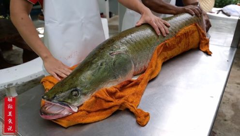 100多斤的巨骨舌鱼，去鱼鳞竟然要用到锤子，肉质也太鲜美了。