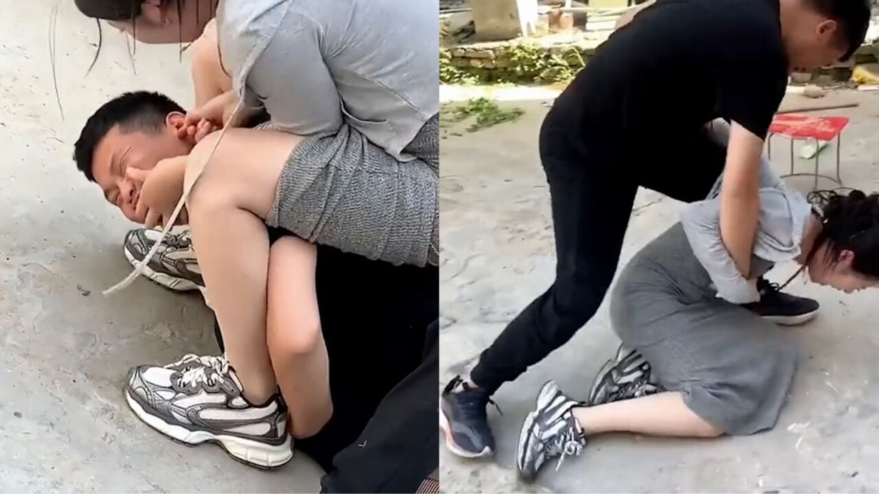 夫妻院里"打闹"难分伯仲,近身肉搏轻松挟制对方,婚后小情趣?