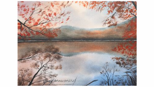 水彩日记 秋天的湖边景色 2023.07.16