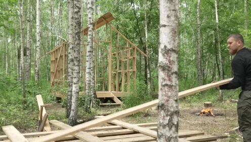 在远离人群的荒野，一个人建造一座丛林生存木屋，很结实