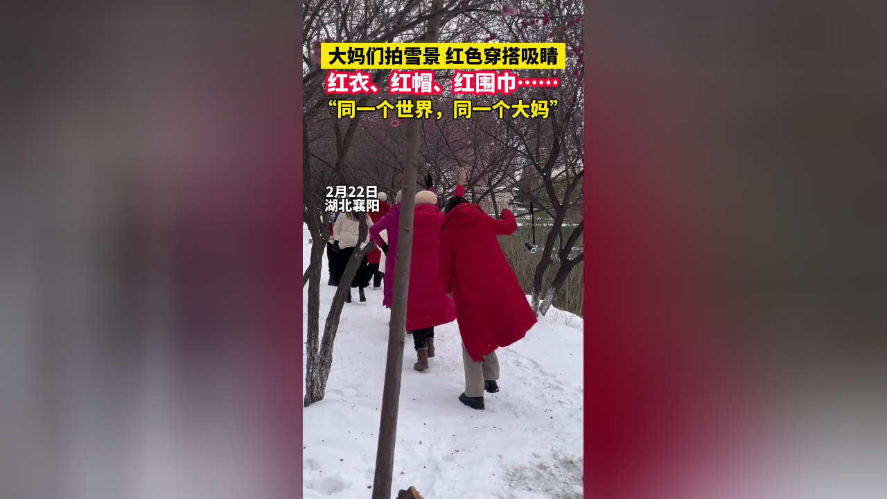 大妈们拍雪景,红色穿搭吸睛,红衣服,红帽子,红围巾
