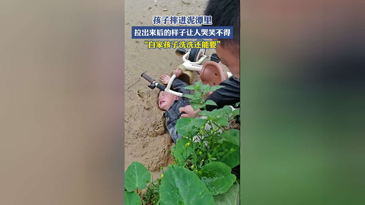 孩子摔进泥潭里,拉出来后的样子让人哭笑不得,"自家孩子洗洗还能要"