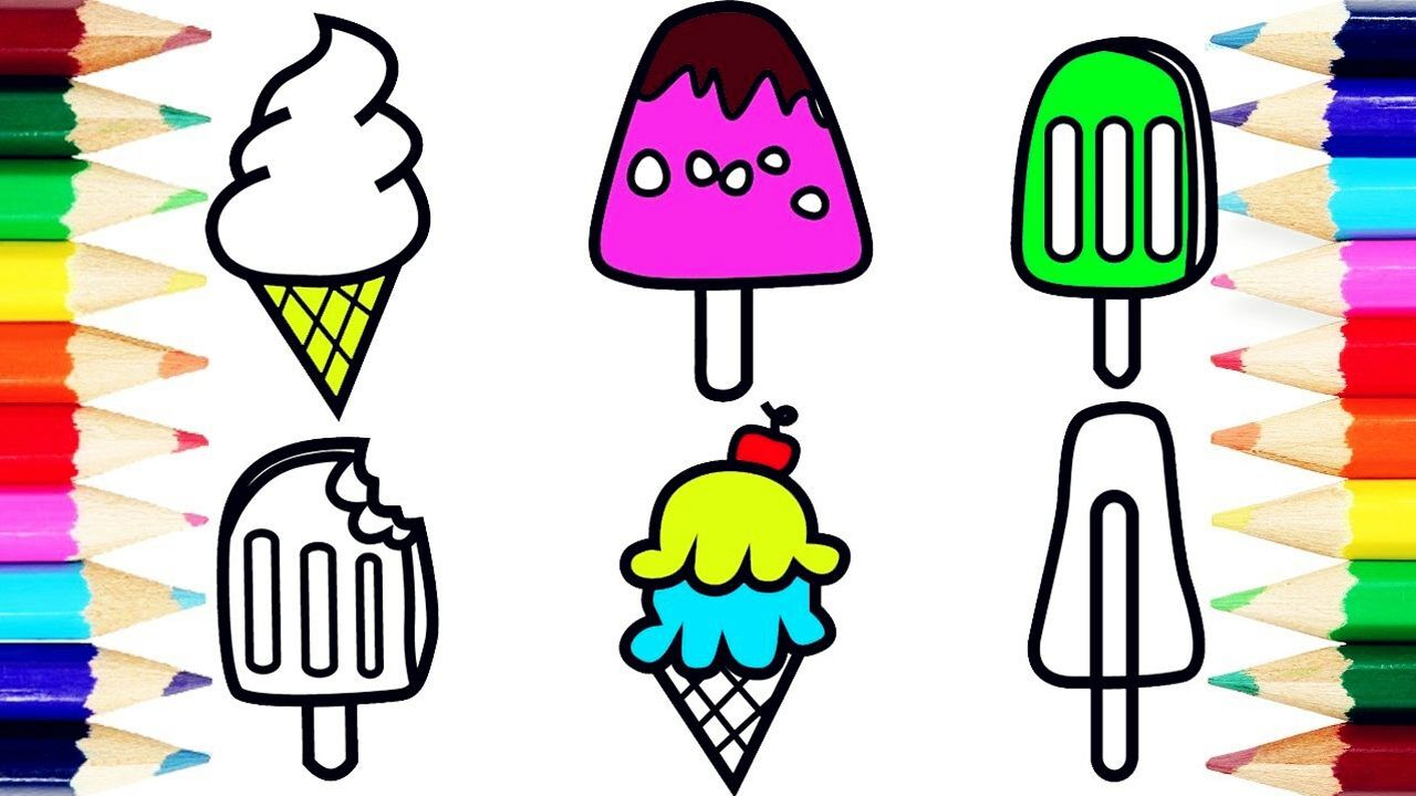 给宝宝画各种形状的彩色冰淇淋雪糕简笔画涂色彩
