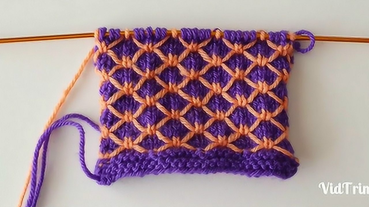 毛线编织毛线双色菱形花编织教程简单适合初学者