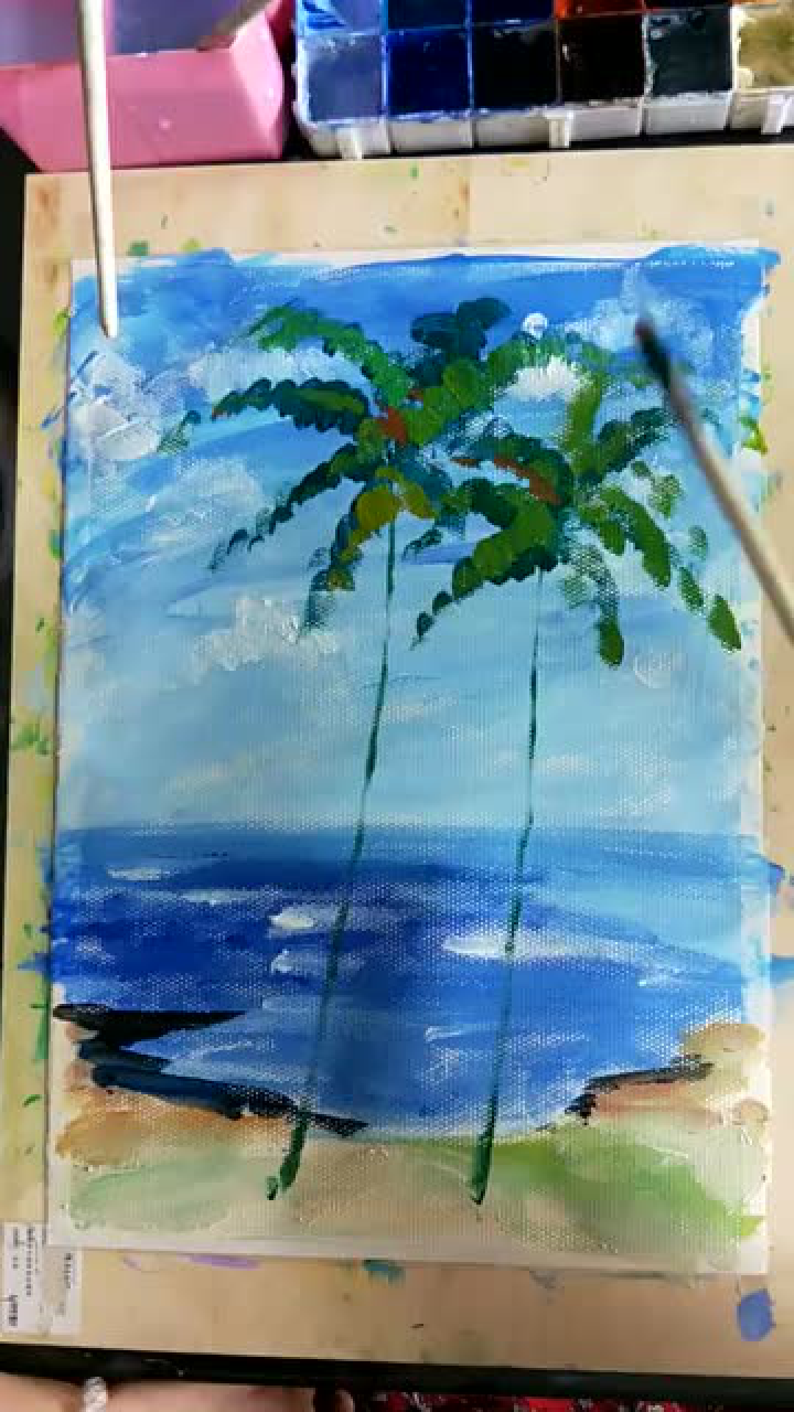 水粉画海边椰树