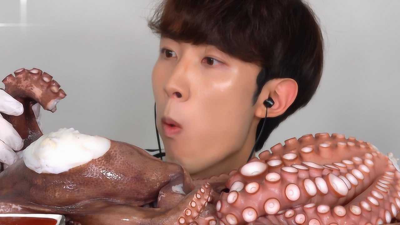 韩国小哥吃播八爪鱼,起码有3斤吧,一整只蘸着辣椒酱吃完