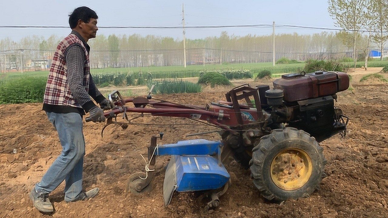 河南农村老式手扶拖拉机,刀片旋耕破土,效率高操作快捷,太牛了