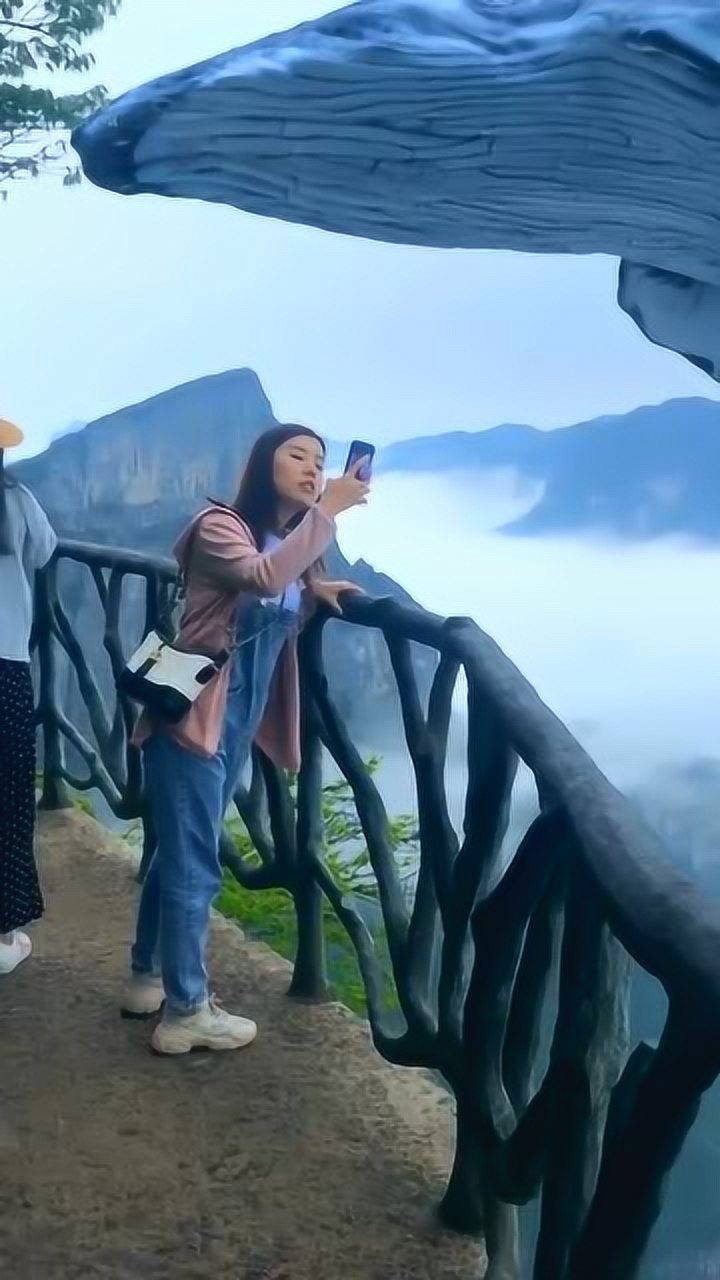 张家界天门山风景区美女用手机在拍摄什么东西