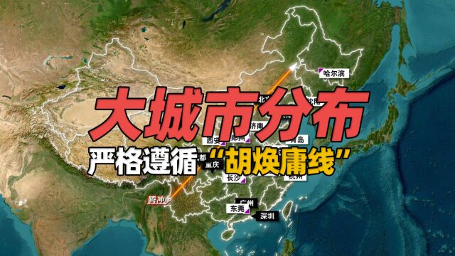 中国超大城市与特大城市地理分布,严格遵循“胡焕庸线”,沿海省份福建没有大城市