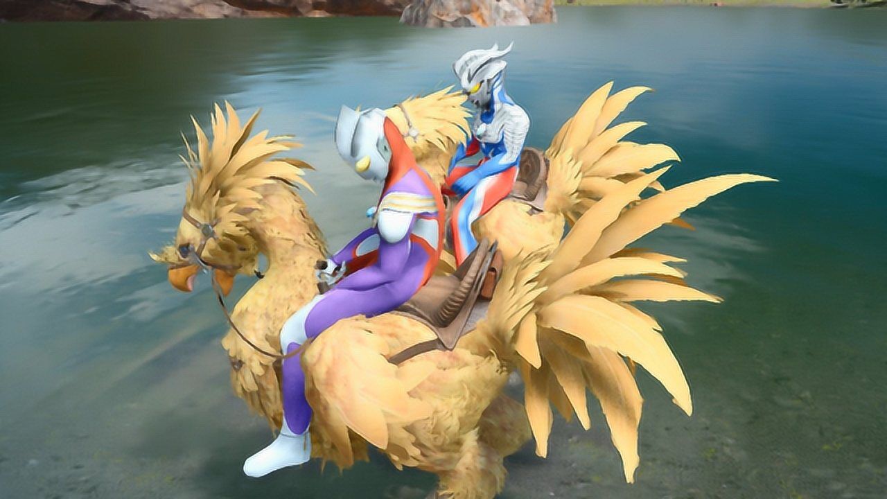 迪迦和赛罗奥特曼骑上了陆行鸟一边看风景一边采食材好生惬意