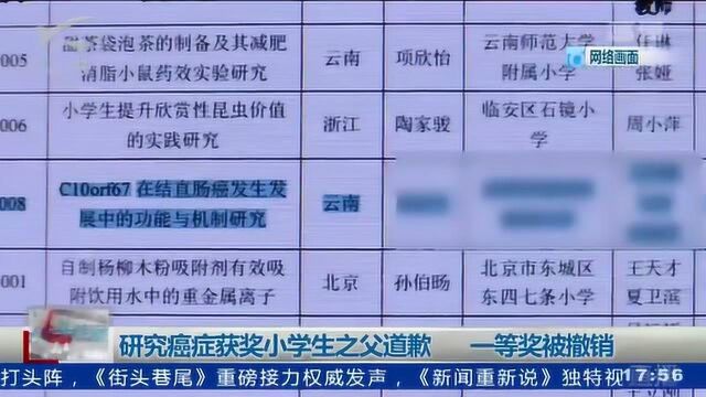 研究癌症获奖小学生之父道歉 一等奖被撤销