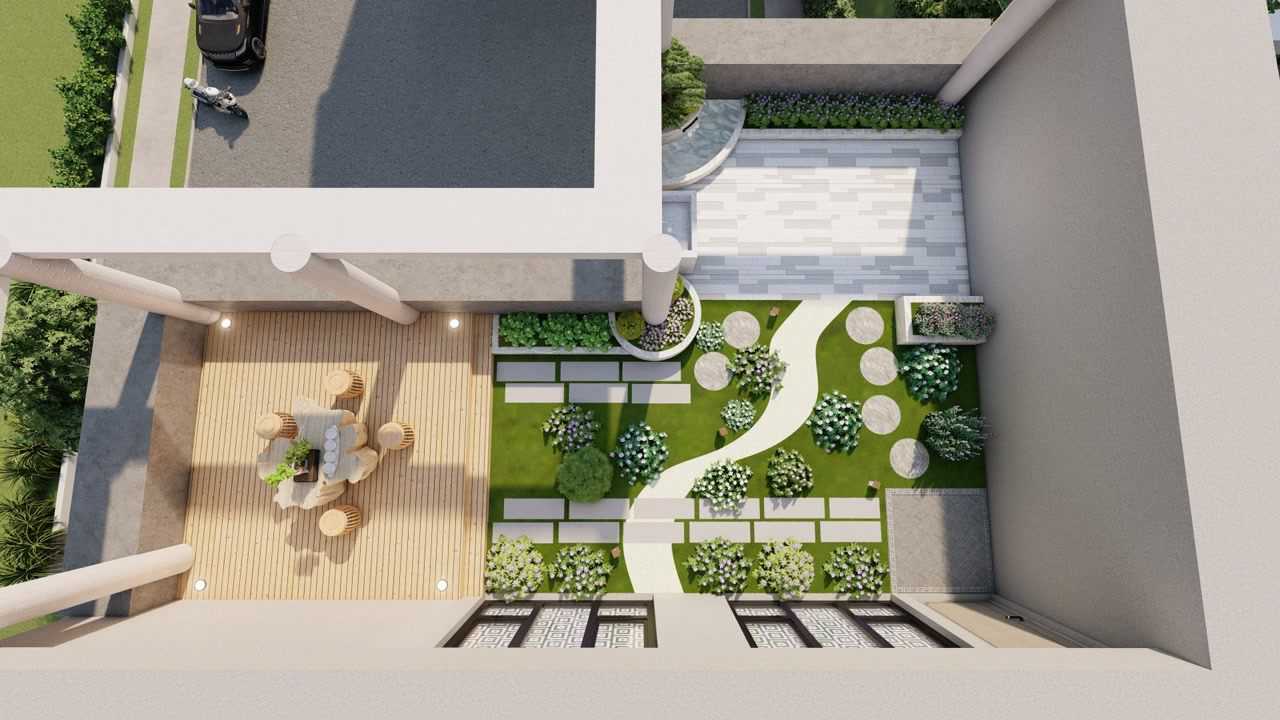 76平方米新中式风格l型露台花园设计防腐木平台休闲区太好看这个70