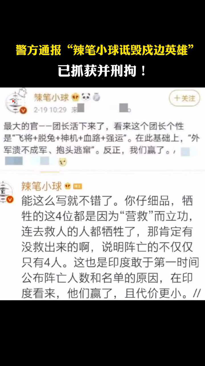 警方通报网民辣笔小球诋毁英烈已被刑拘