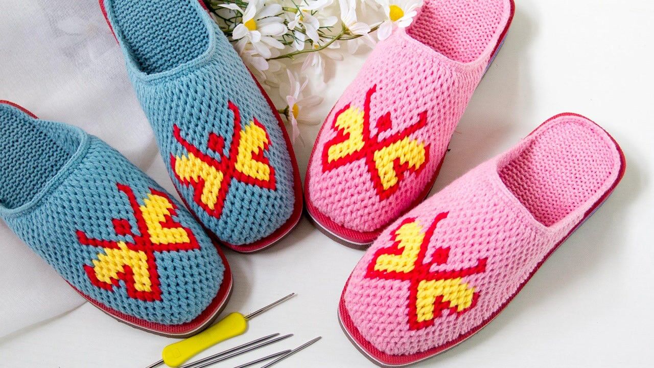 雅馨绣坊毛线拖鞋勾编视频-蝴蝶上集