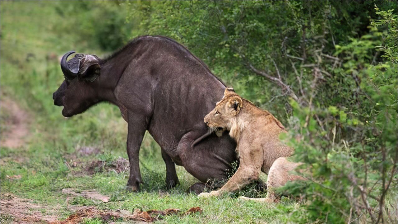 雄狮在公牛面前捕杀母牛下一秒意外发生野牛今天给你做绝育