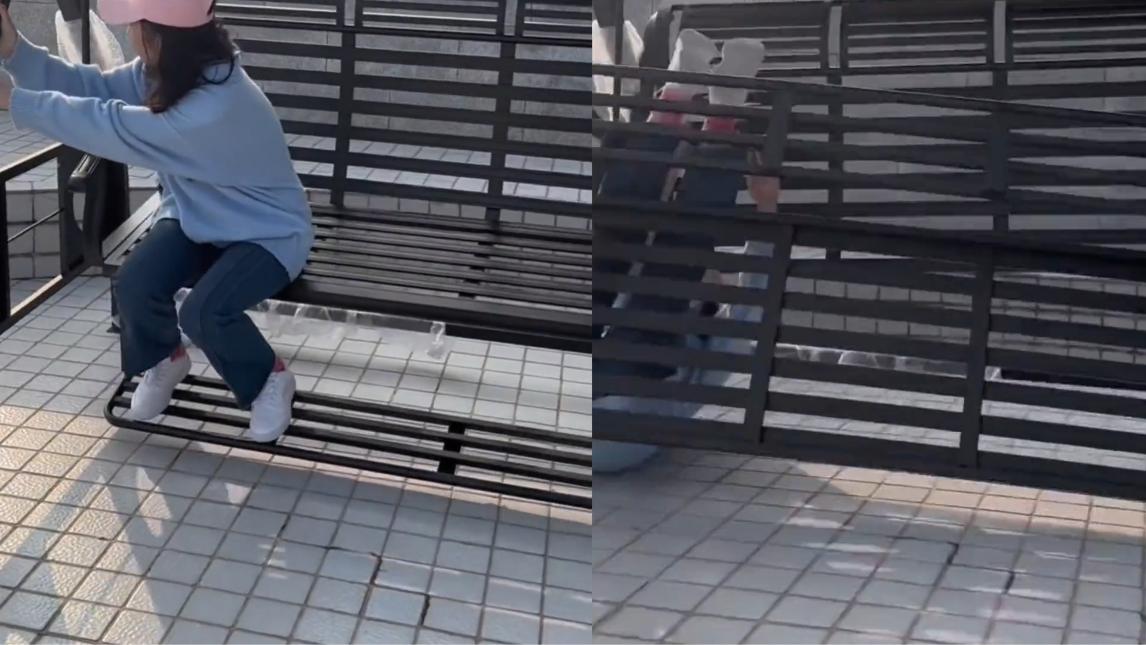 女大学生小心翼翼坐上秋千,下一秒被摔得四脚朝天,倒地姿势亮了