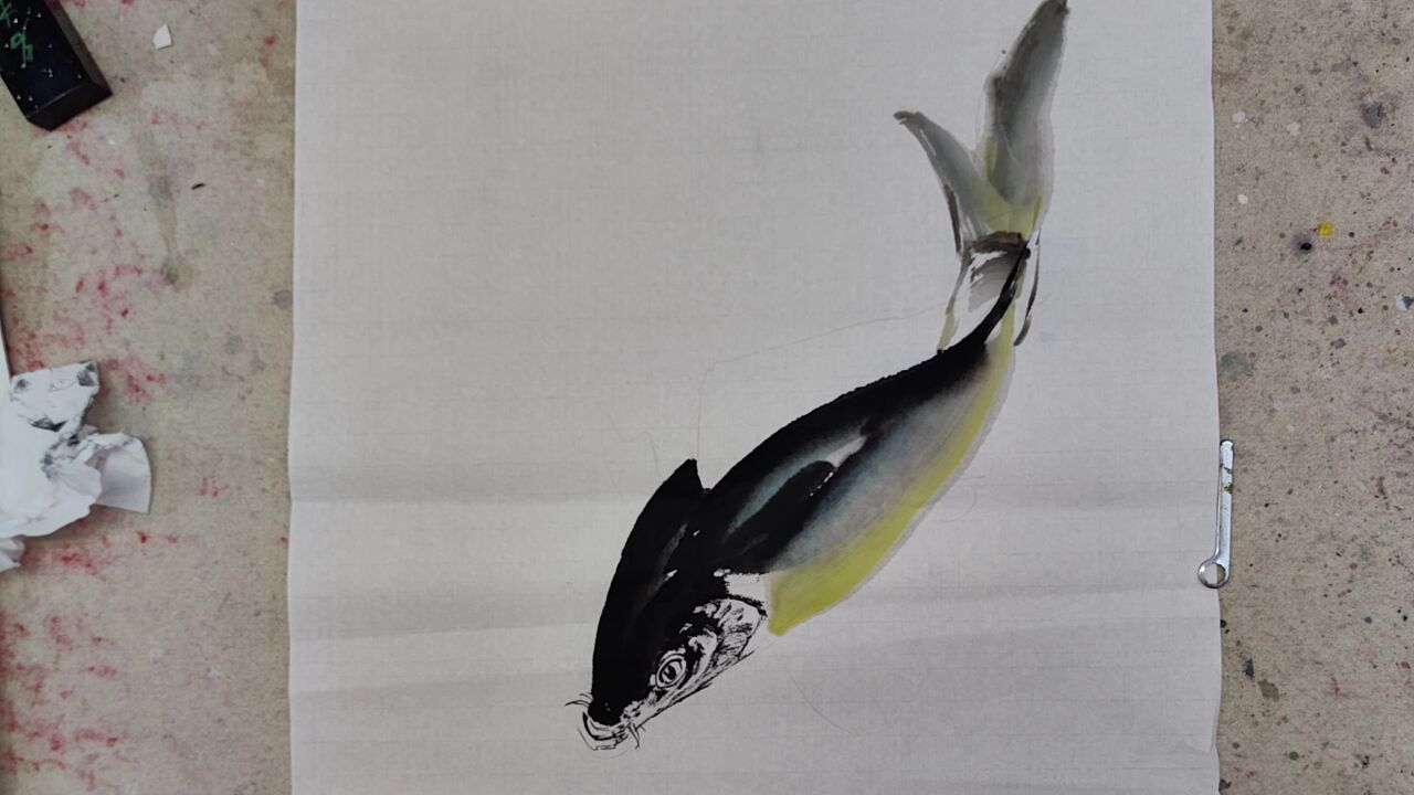 三尺鲤鱼构图黑鲤鱼写意画法