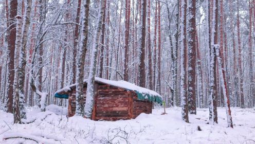 在我的小木屋中度过舒适的一天，冬季露营，凉爽的炉子，不说话