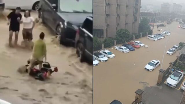 浙江东阳突降暴雨路面积水汹涌:市民牵手过马路,轿车漂浮水中