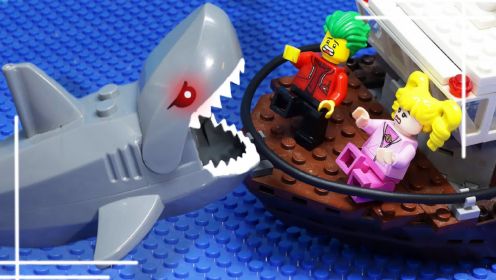 七哥乐高动画：小丑和丽莎逃跑途中遇鲨鱼，警察能帮他们化险为夷吗