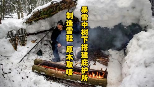 暴雪中树下搭建庇护所 制造雪鞋 原木取暖 温度：白天_夜间：+2°C (35