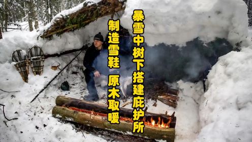 暴雪中树下搭建庇护所 制造雪鞋 原木取暖 温度：白天_夜间：+2°C (35