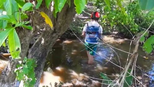 这个人拿着电鱼设备赤脚到河里电鱼，就不怕把自己给电了！