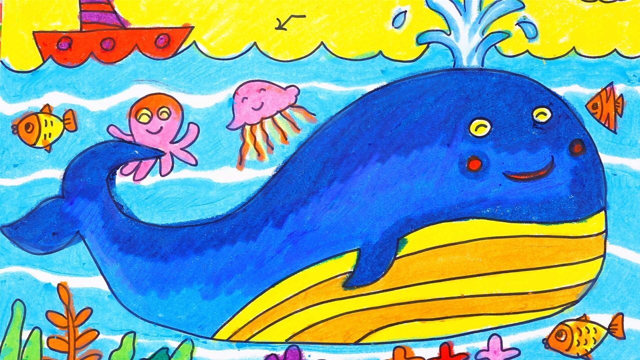美丽的海洋世界 儿童画可爱的蓝鲸