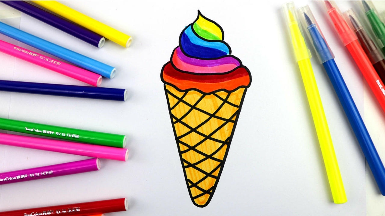 彩虹冰激凌甜筒趣味简笔画涂色游戏