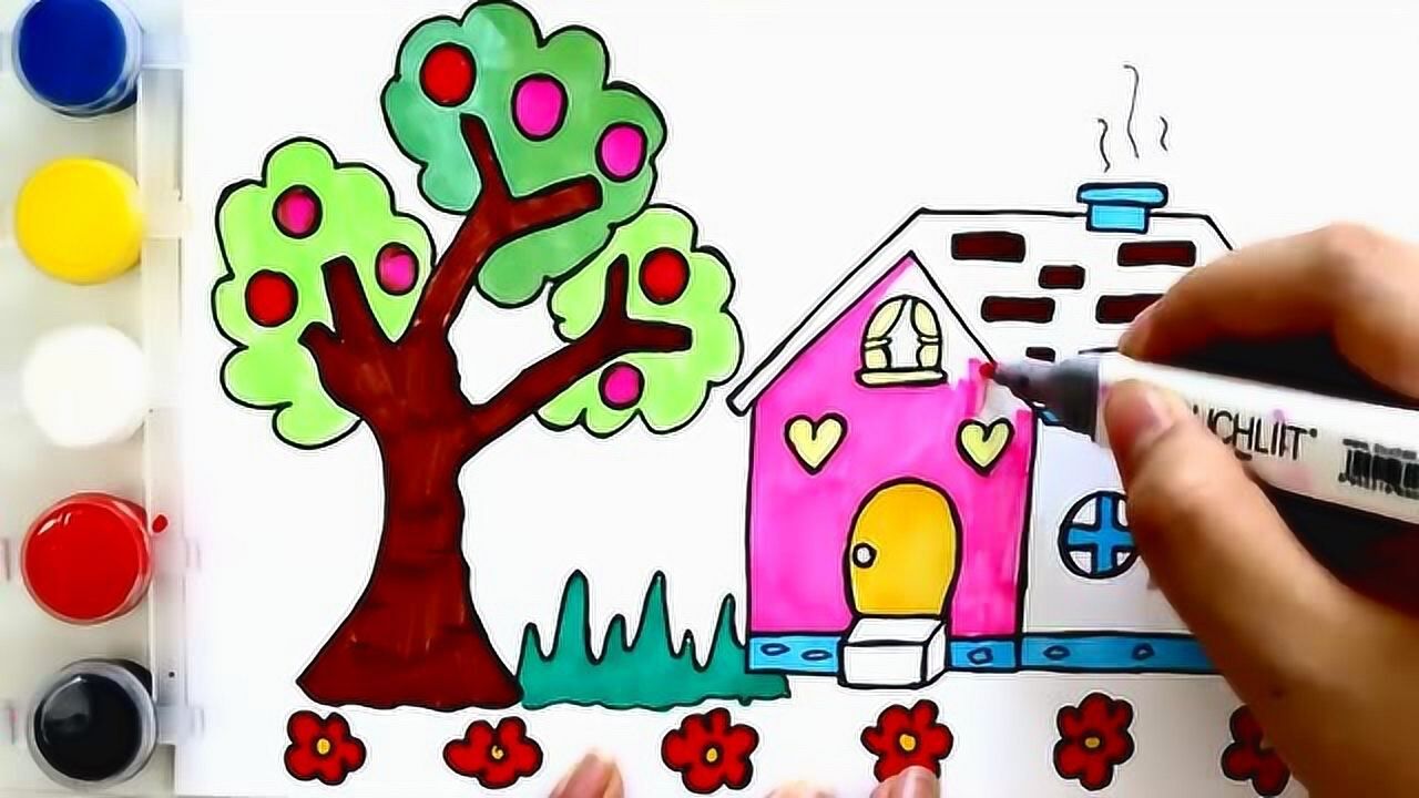 幼儿绘画:绘画树木和房屋并涂色