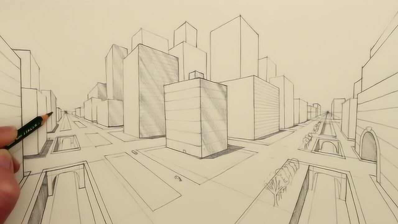 绘画技巧画家画两点透视街景图整体效果图非常的惊艳