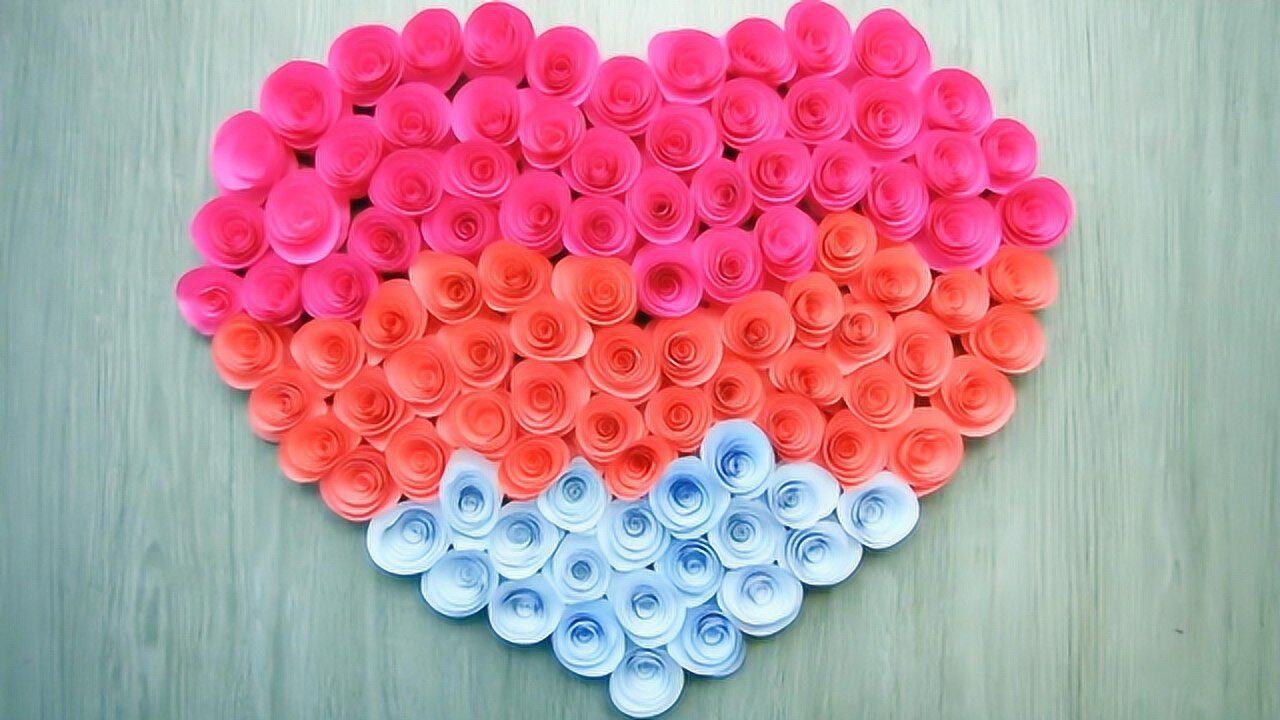 手工折纸剪纸艺术,教你制作漂亮爱心形状的玫瑰纸花墙饰