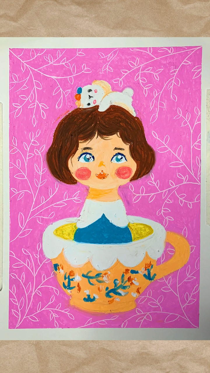 重彩油画棒作品 杯子里的小可爱