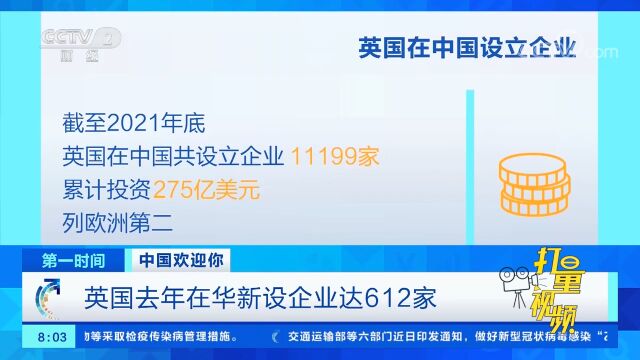 英国2022年在华新设企业达612家,在欧洲国家位列第一