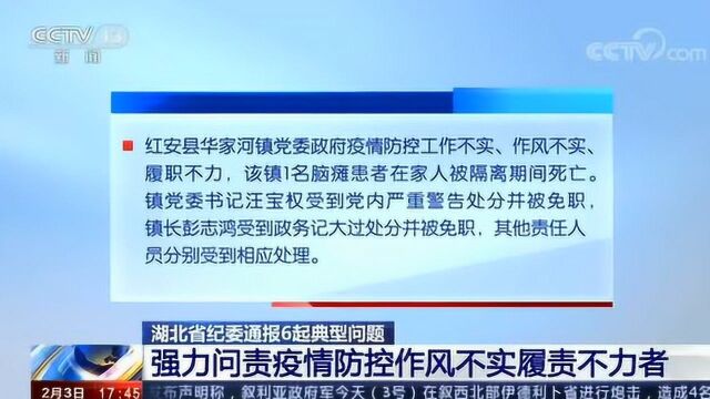 湖北省纪委通报6起典型问题 强力问责疫情防控作风不实履责不力者