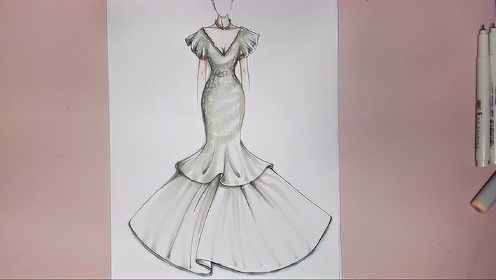 服装设计手绘学习:灰色v领鱼尾晚礼服马克笔上色过程