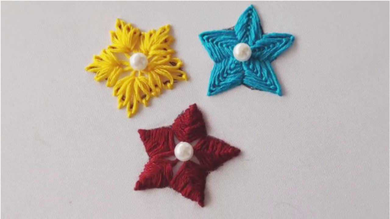 手工刺绣教程,五角星图案的3种不同绣法!