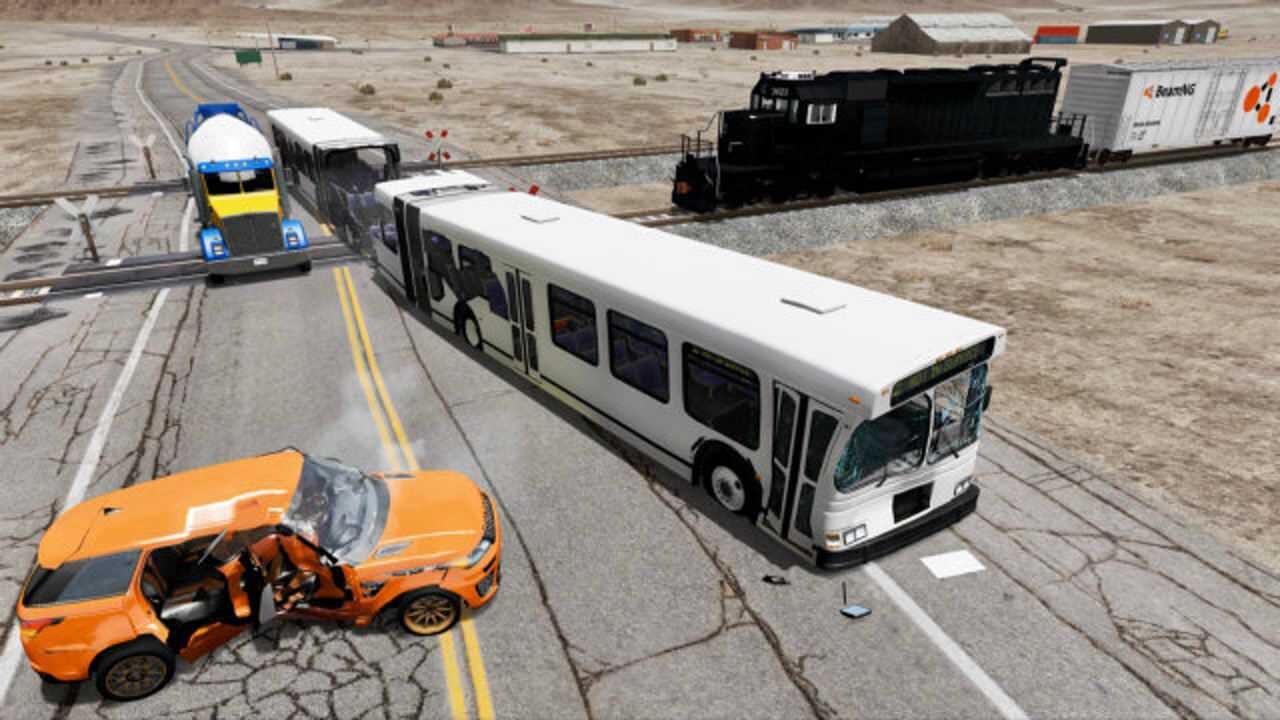 模拟火车事故,36米超长大巴车爆胎卡在铁轨上,车祸模拟器