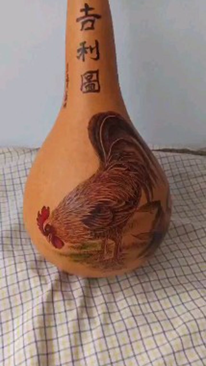 葫芦上的公鸡欣赏(文朋烙画艺术)