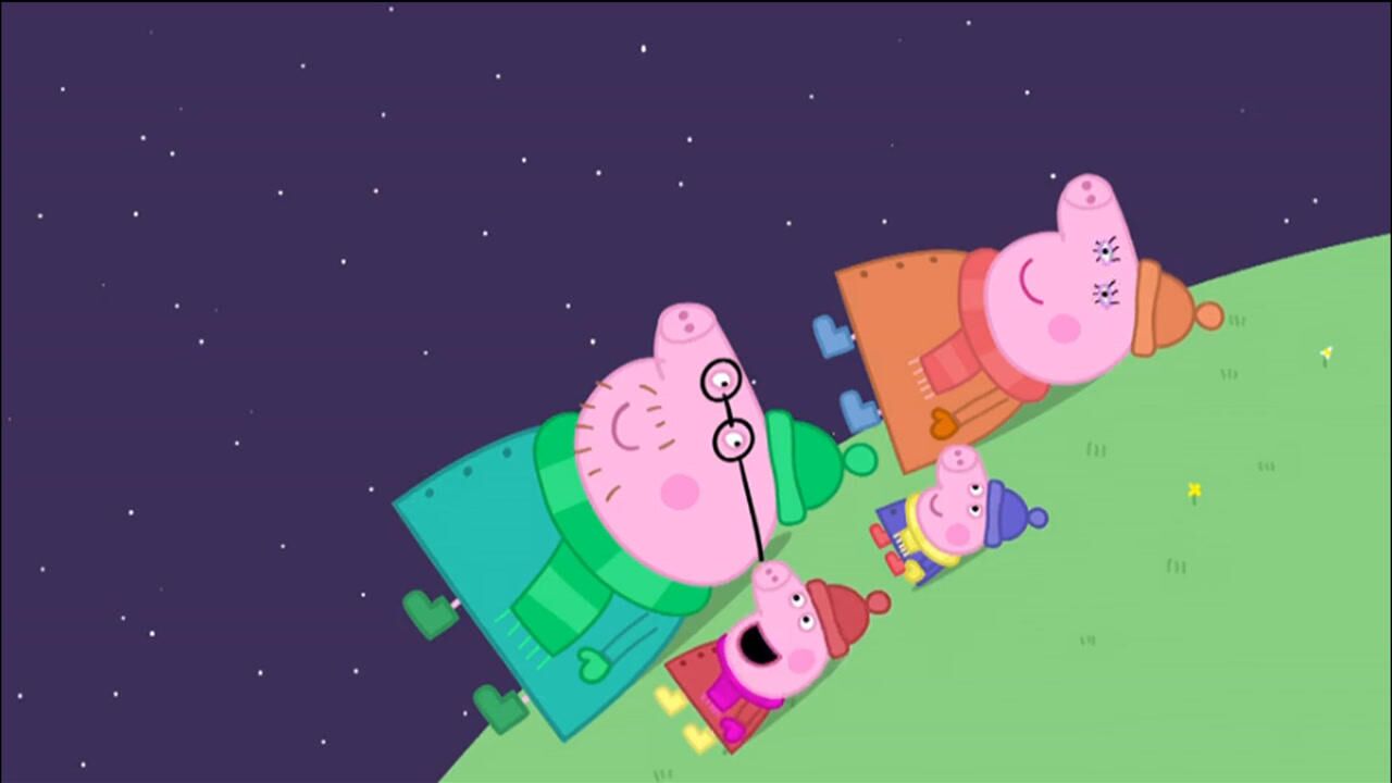 猪爸爸带领全家在夜晚的草地上躺着看星星趣味卡通儿童简笔画