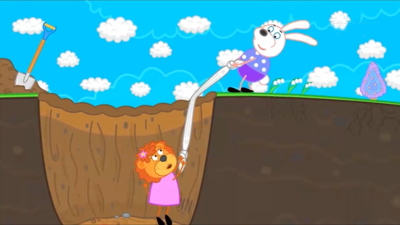 小兔子用床单营救掉入深坑的小狮子,趣味卡通儿童简笔画