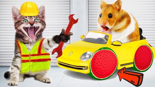仓鼠历险记:小仓鼠开了一家汽车修理厂,今天是他的小猫助理看店!