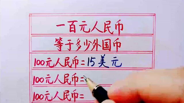 我国一百元人民币大约等于多少外国币?写给你看看