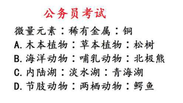 公务员考试题,微量元素∶稀有金属∶铜,2019年国考真题