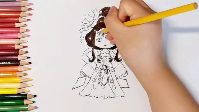 彩铅简笔画,卡通画迷你世界牡丹仙子,古装衣服头饰都很漂亮的
