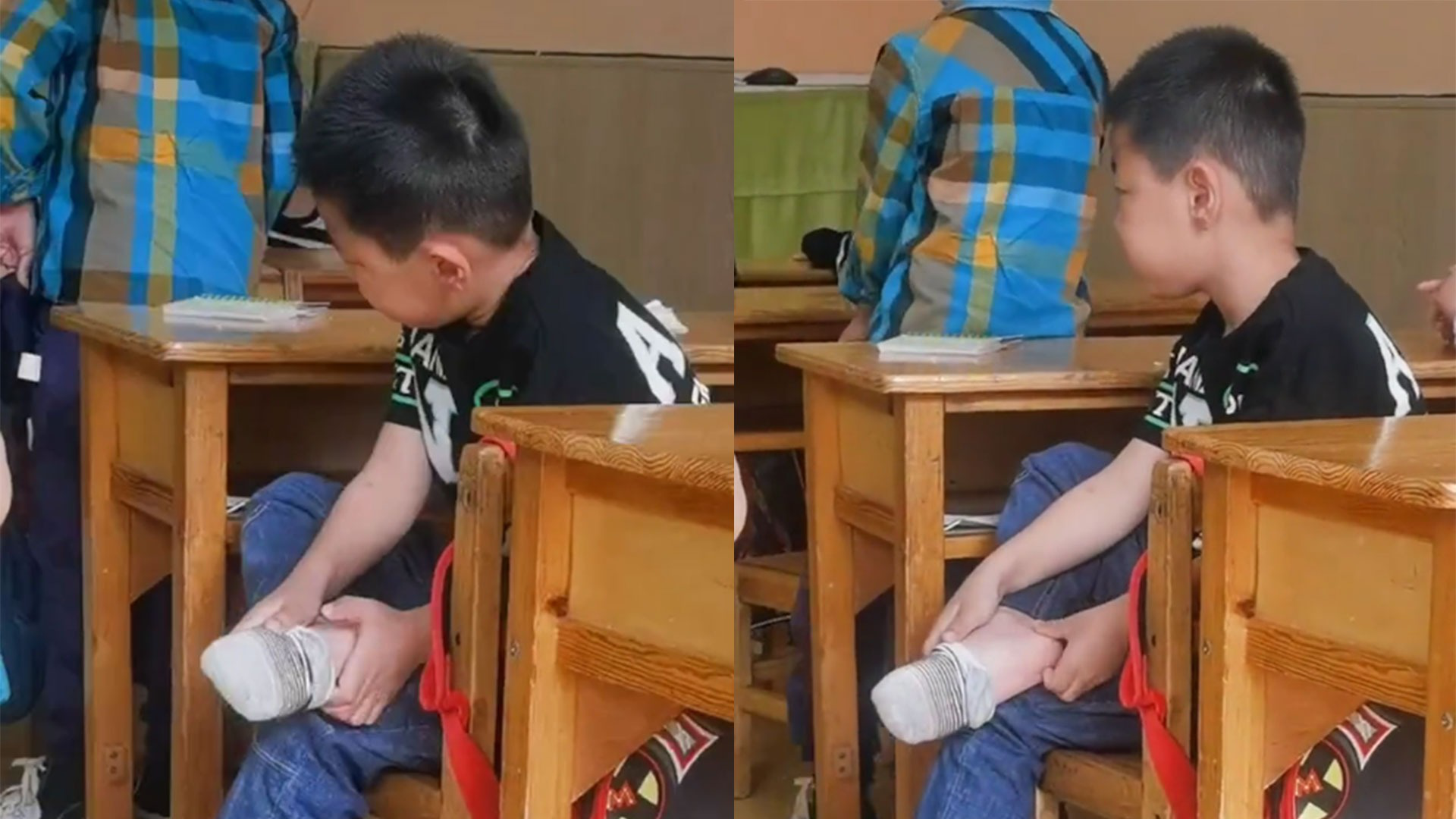 太有代入感了小男孩偷偷在教室脱鞋抠脚旁边同学表情太精彩