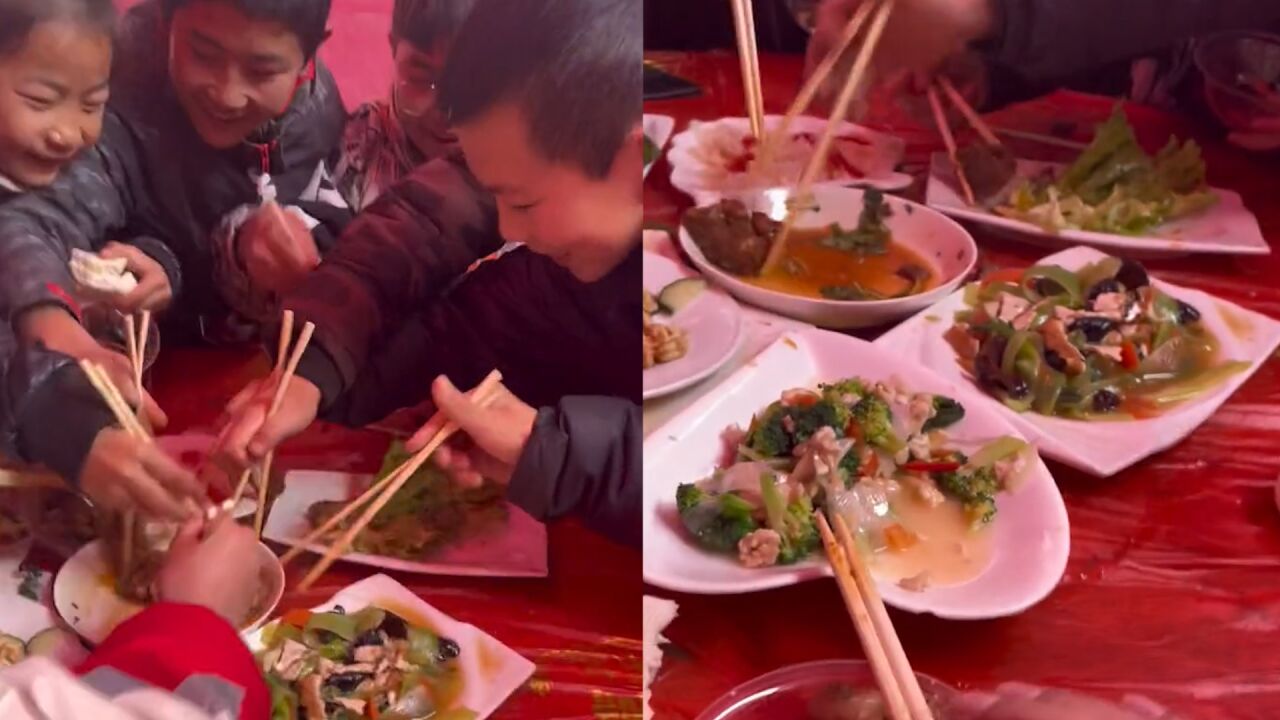男子吃席和小孩一桌,菜一上桌瞬间被抢空
